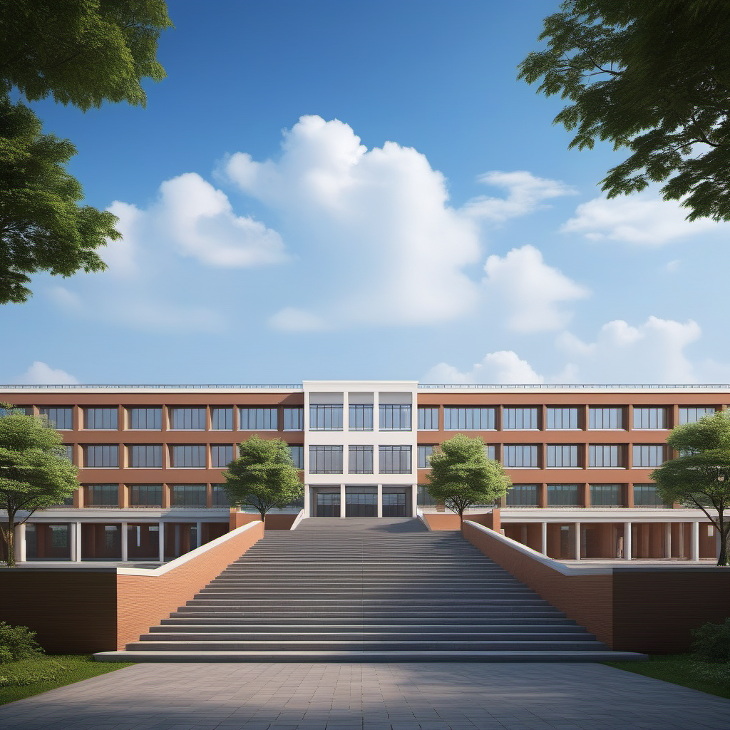 01057-2754123131-(masterpiece), best quality,8K,no humans, outdoors,_xuexiao,school,_building, day,blue sky,cloud,tree,grass,(stairs_0.8),window,.png